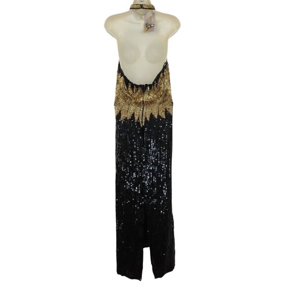 Vintage Nikhil Womens Large Silk Black Gold Sequin Beaded High Neck Dress NEW - Picture 4 of 13